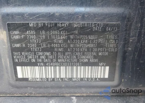 2013 Subaru Outback 2.5I Premium z USA, uszkodzony, nr VIN 4S4BRBCC0D3312061